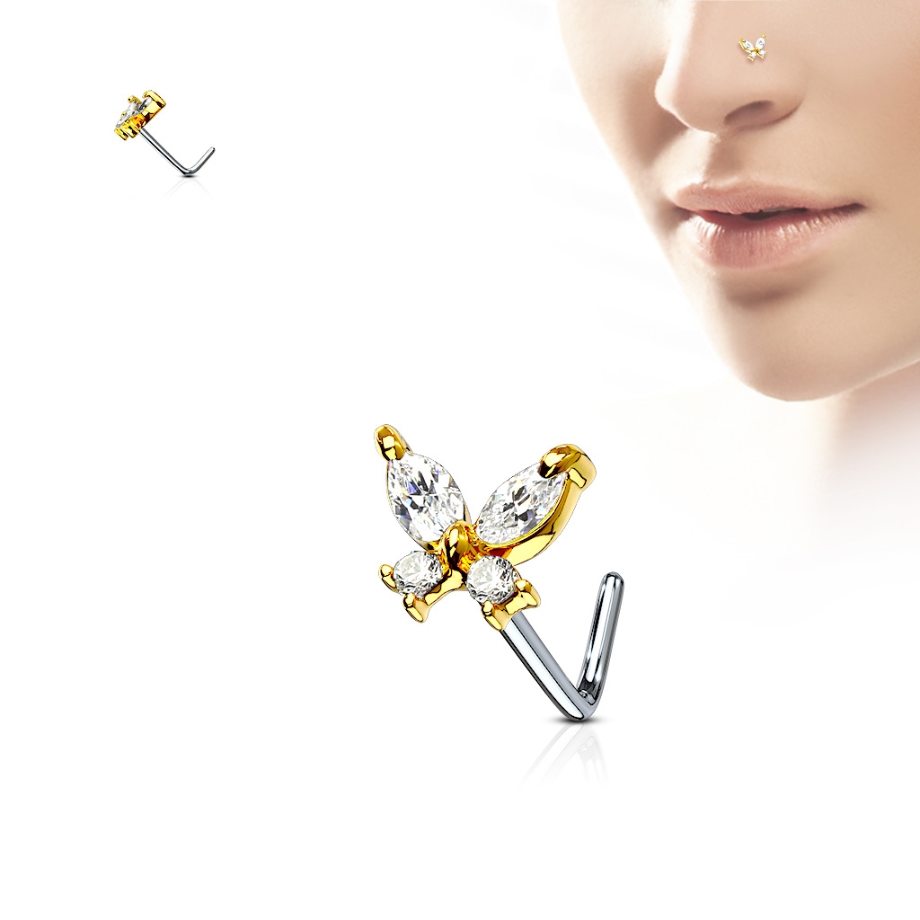 Šperky4U Zahnutý piercing do nosu - motýlek - N0082-GDC