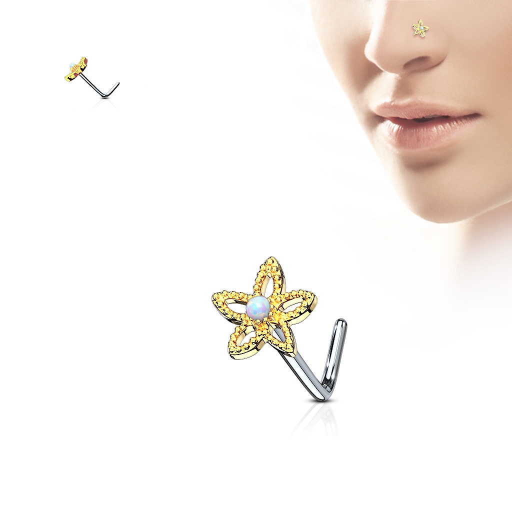 Pozlátený piercing do nosa kytička - opál