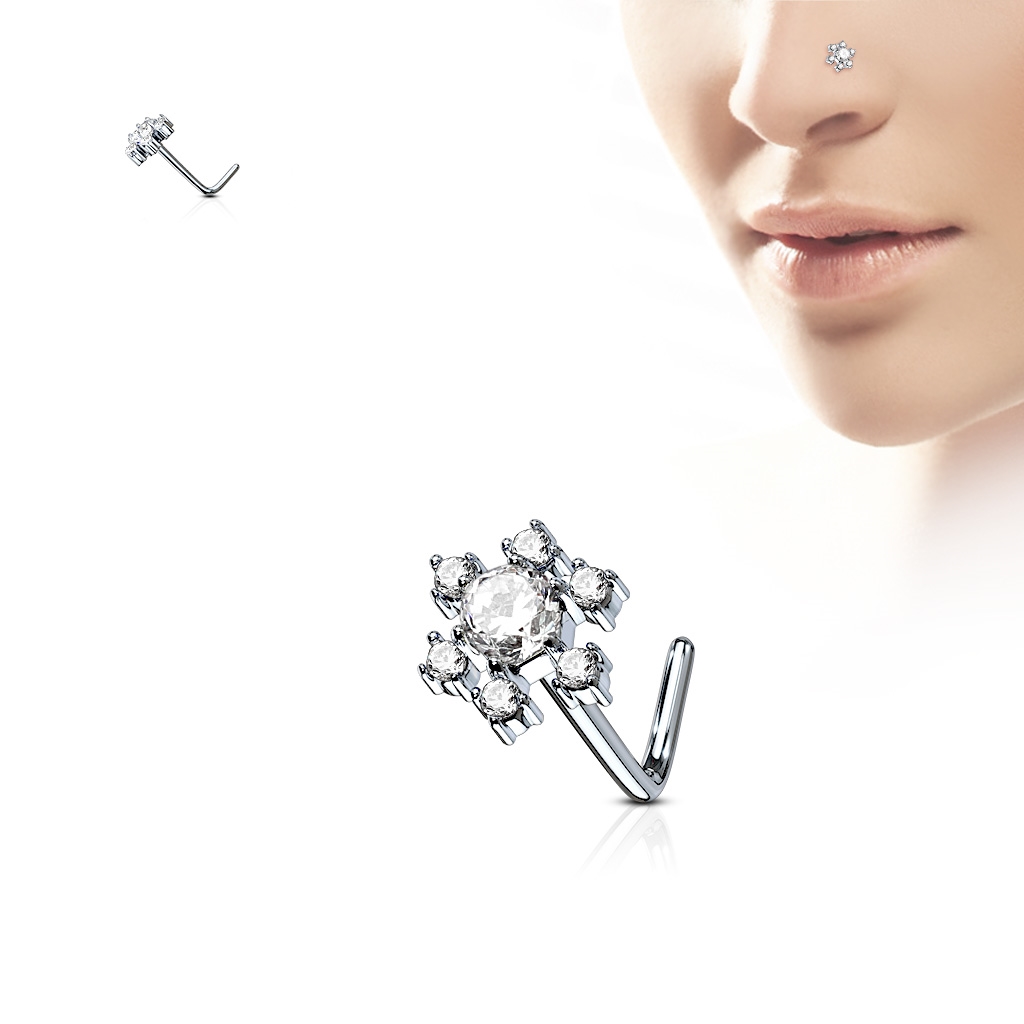 Zahnutý piercing do nosa, číre kamienky