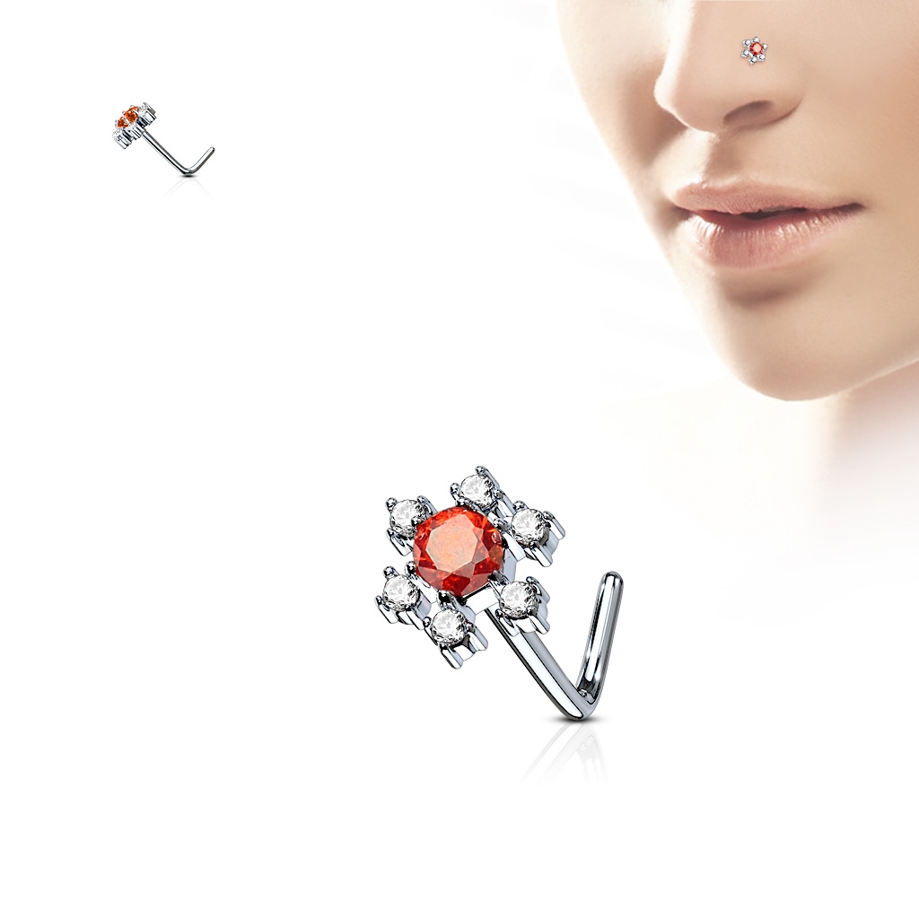 Zahnutý piercing do nosa, červené kamienky