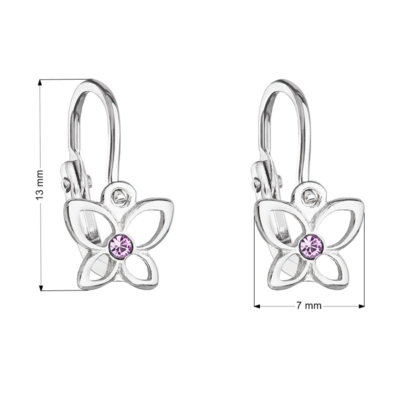 Detské náušnice strieborné náušnice - motýle, Crystals from SWAROVSKI®, Violet