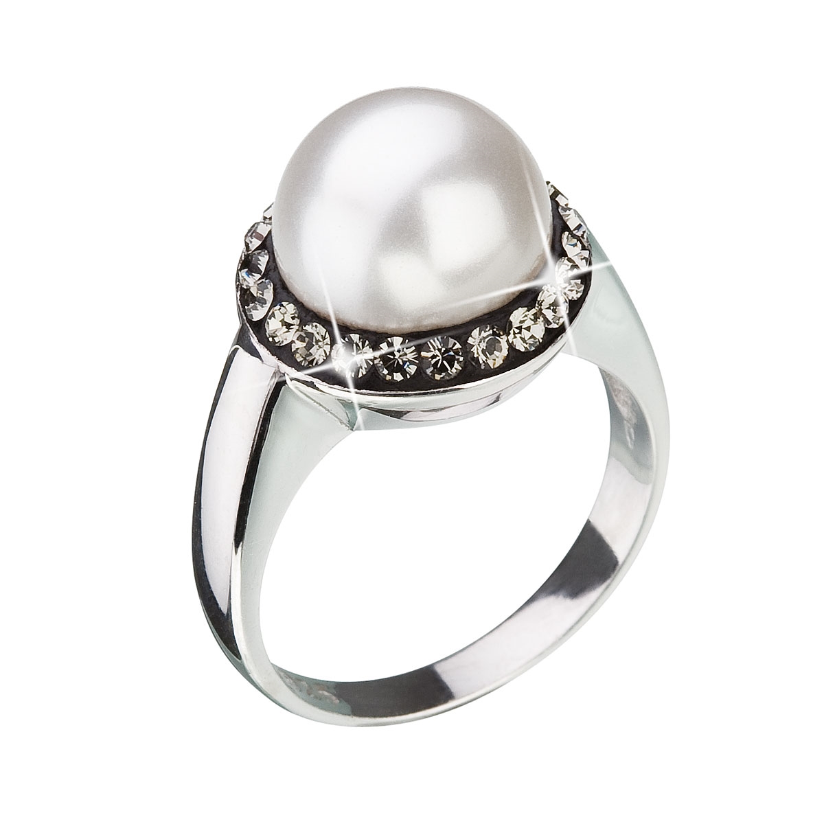 Strieborný prsteň s kryštálmi Swarovski a perlou