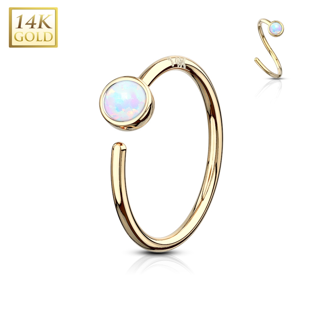 Zlatý piercing - kruh, biely opál, Au 585/1000