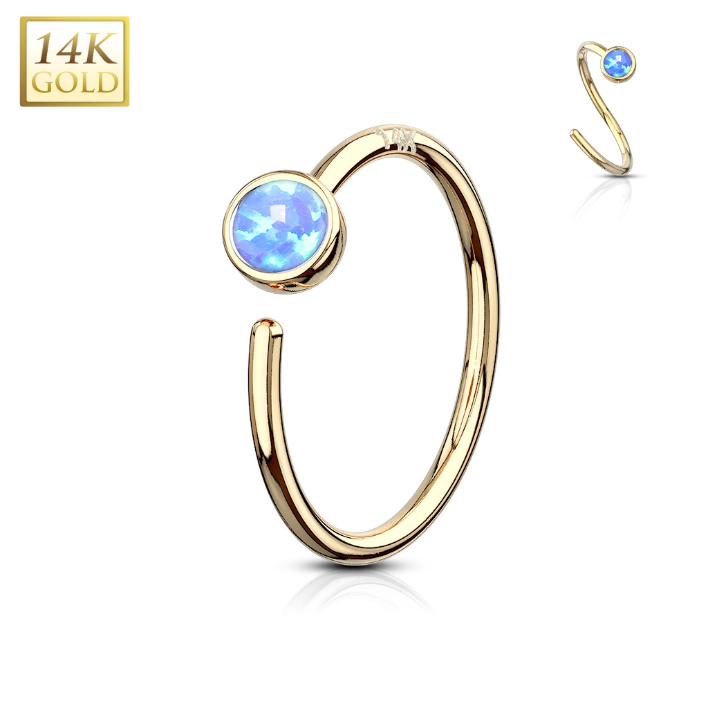 Zlatý piercing - kruh, modrý opál, Au 585/1000