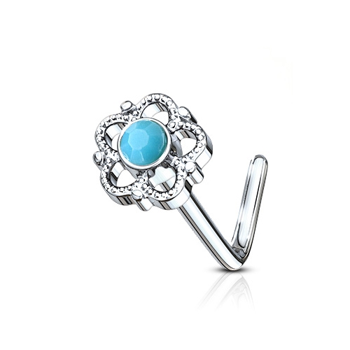 Zahnutý piercing do nosa - tyrkysový kamienok