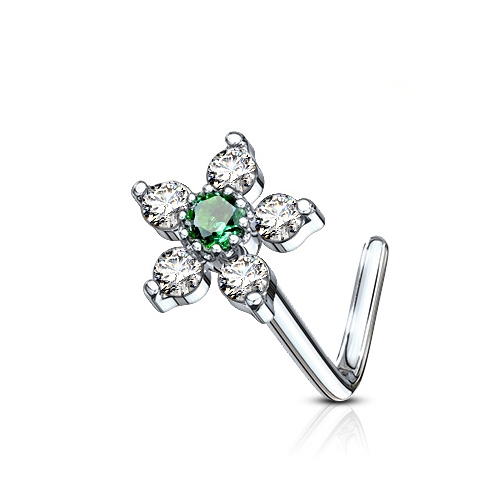 Šperky4U Zahnutý piercing do nosu, zelený kamínek - N0098-CG