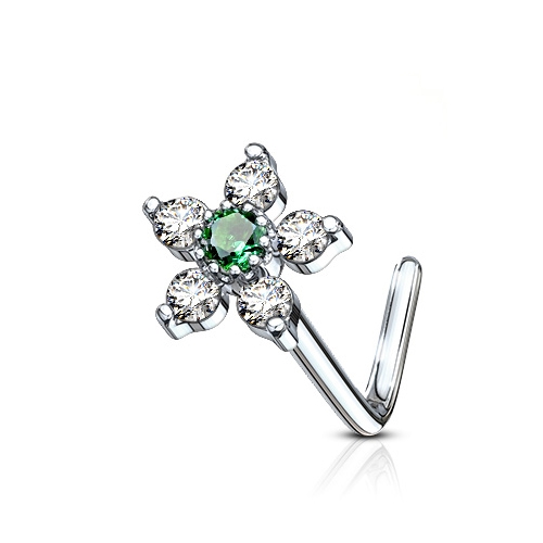 Zahnutý piercing do nosa, zelený kamienok
