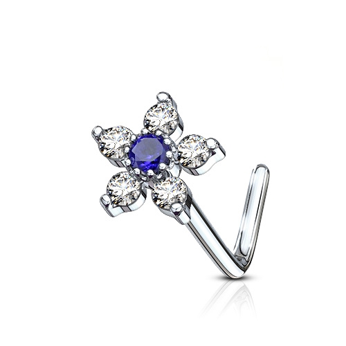 Zahnutý piercing do nosa, modrý kamienok