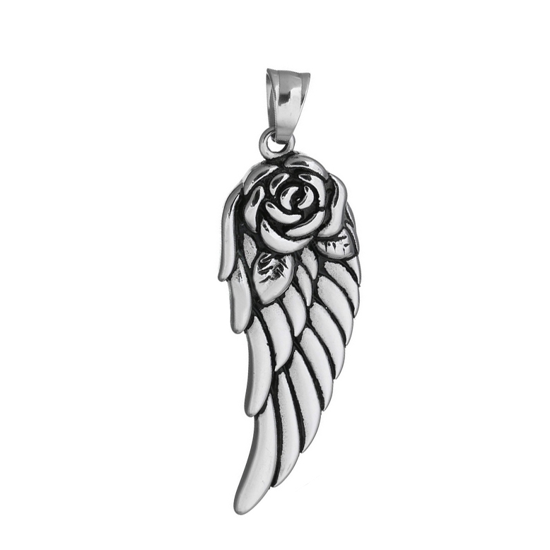 Šperky4U Přívěšek ocel - andělské křídlo s růží - OPP1547