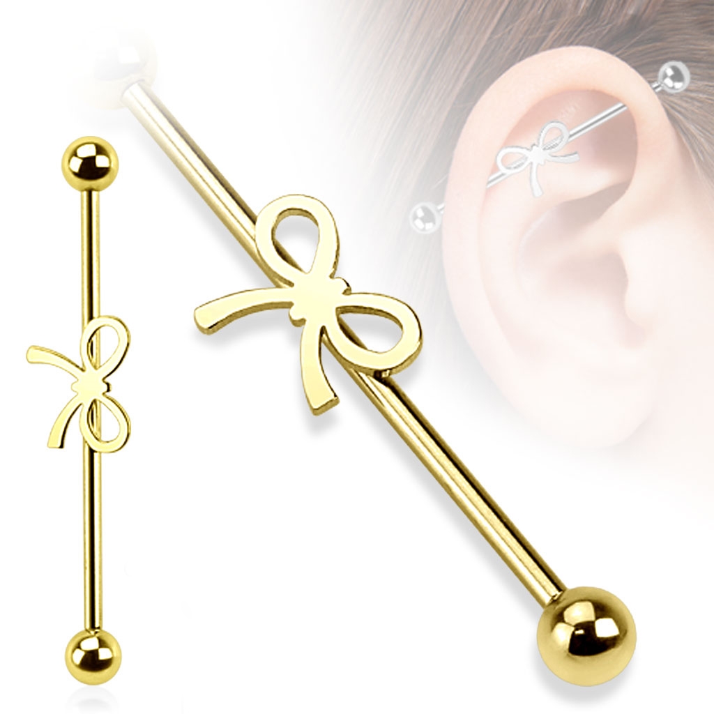 Pozlátený industrial piercing - mašlička, 1,6 x 38 mm