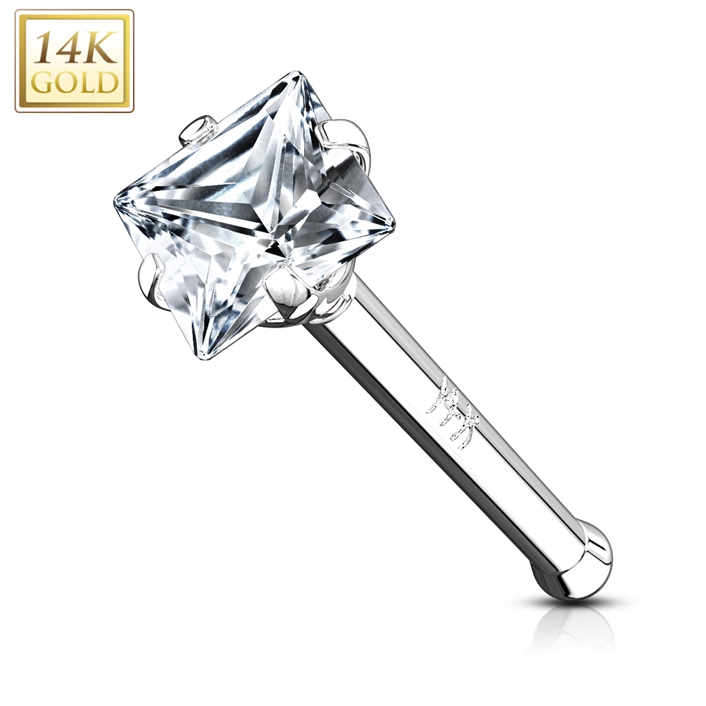 Šperky4U Zlatý piercing do nosu - čtvercový zirkon, Au 585/1000 - ZL01024-WG