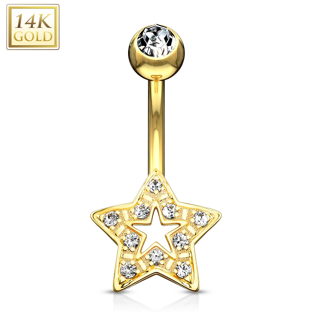 Zlatý piercing do pupku hviezdička, číre zirkóny, Au 585/1000