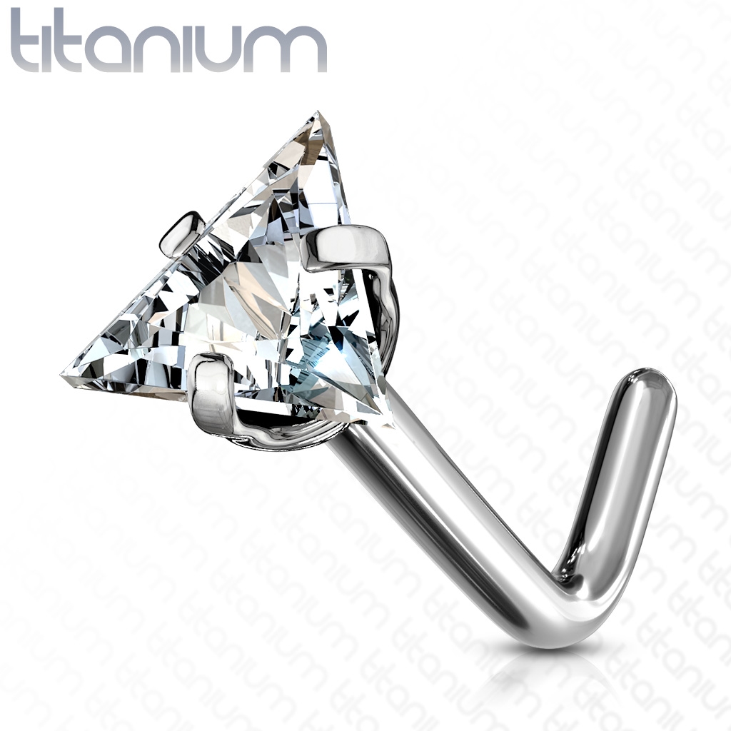 Šperky4U Zahnutý piercing do nosu - titan trojúhelník, čirý kamínek - TIT1043-C