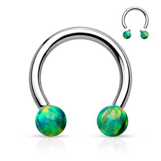 Piercing podkova - zelený opál, 1,6 x 12 mm, kuličky 5 mm