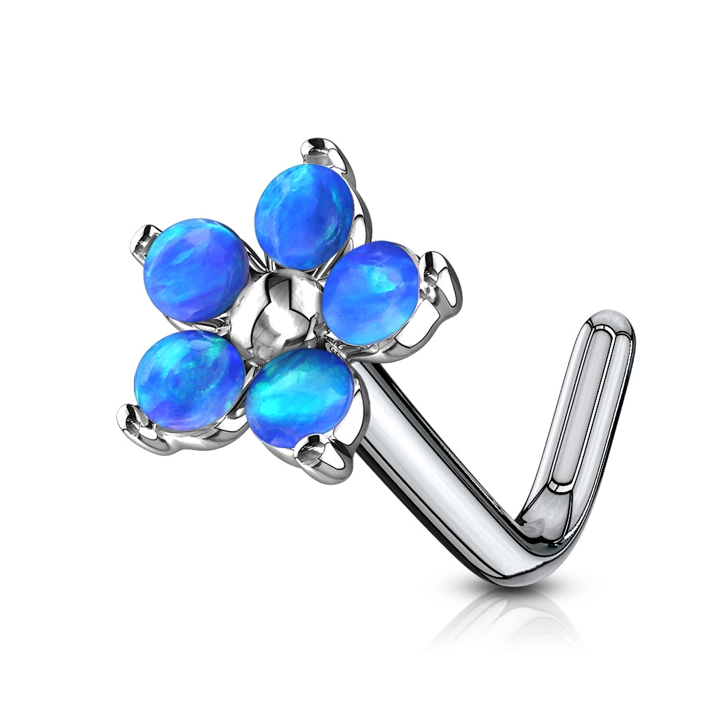 Šperky4U Zahnutý piercing do nosu - kytička s opály - N0106-BL