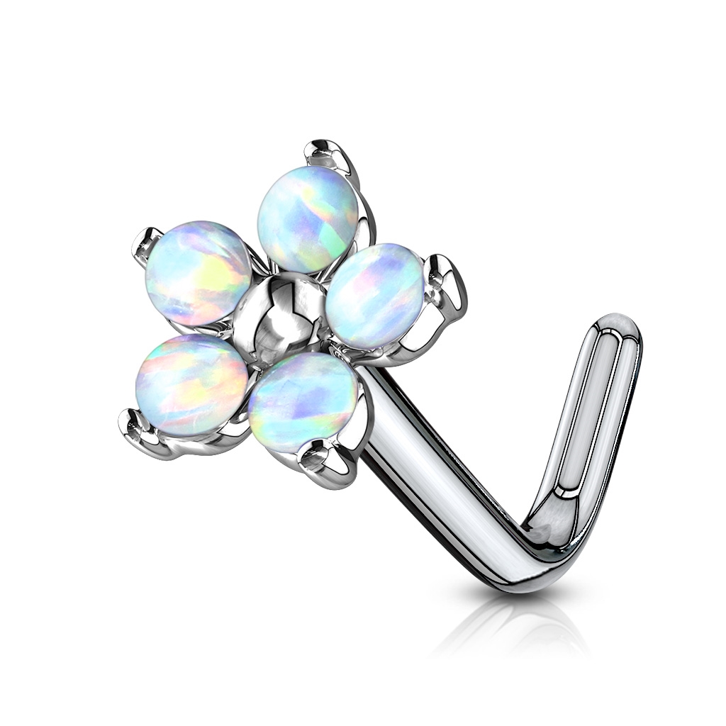 Zahnutý piercing do nosa - kytička s opálmi