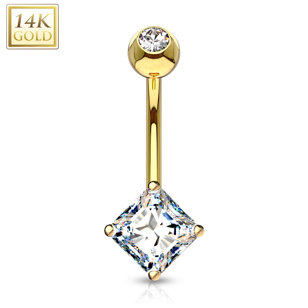 Šperky4U Zlatý piercing do pupíku - čtvercový zirkon, Au 585/1000 - ZL01071-YG
