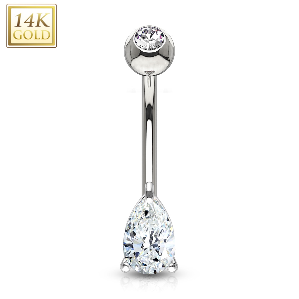 Šperky4U Zlatý piercing do pupíku - zirkon ve tvaru kapky, Au 585/1000 - ZL01086-WG