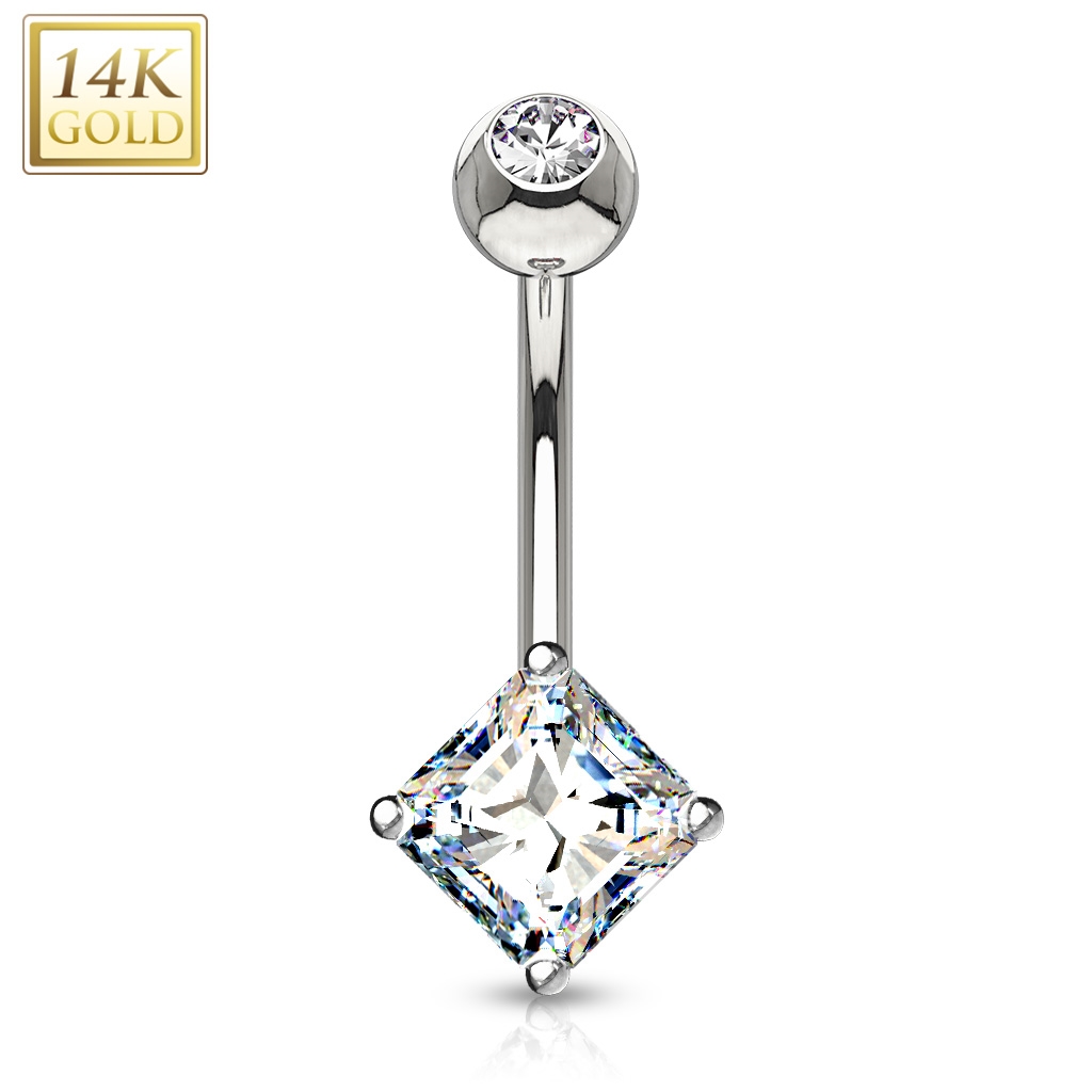 Šperky4U Zlatý piercing do pupíku - čtvercový zirkon, Au 585/1000 - ZL01071-WG