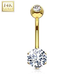 Zlatý piercing do pupíku, čirý zirkon, Au 585/1000