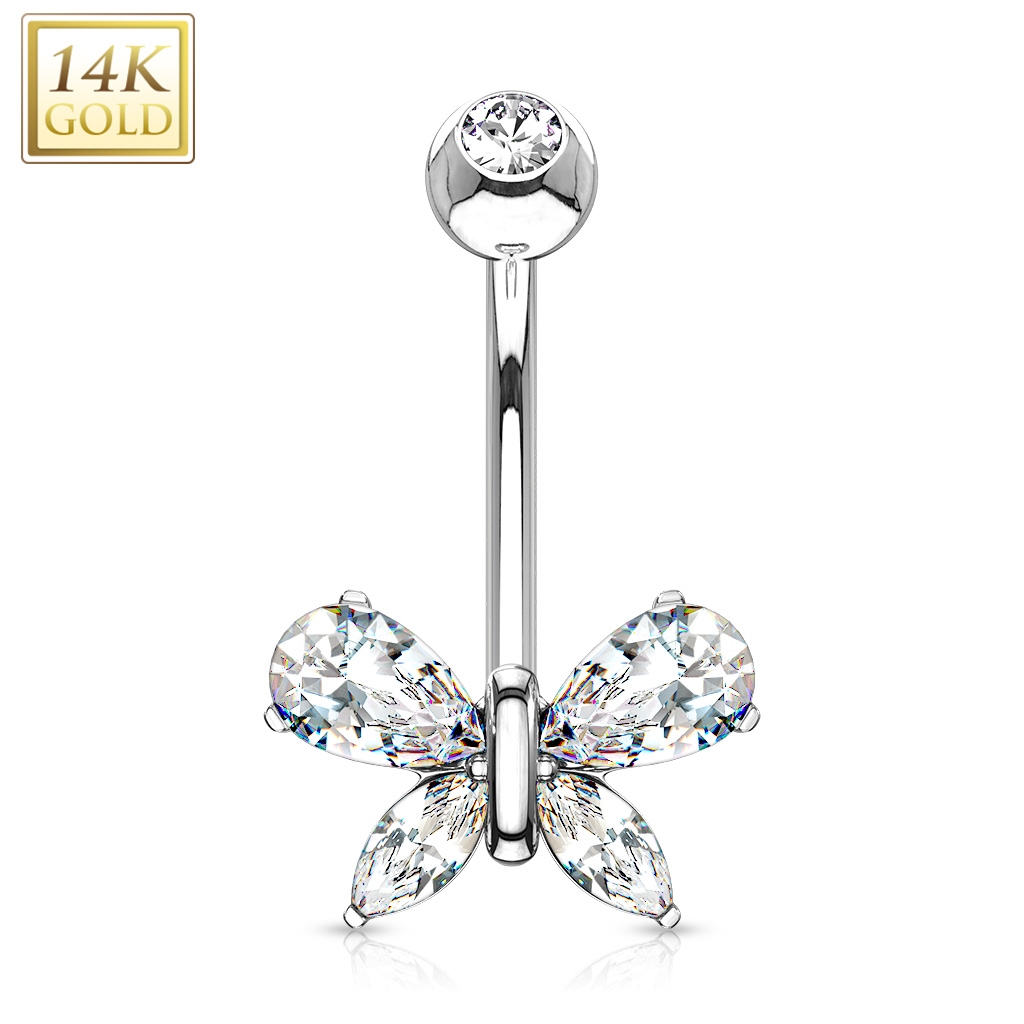 Šperky4U Zlatý piercing do pupíku - motýlek s čirými zirkony, Au 585/1000 - ZL01171C-WG