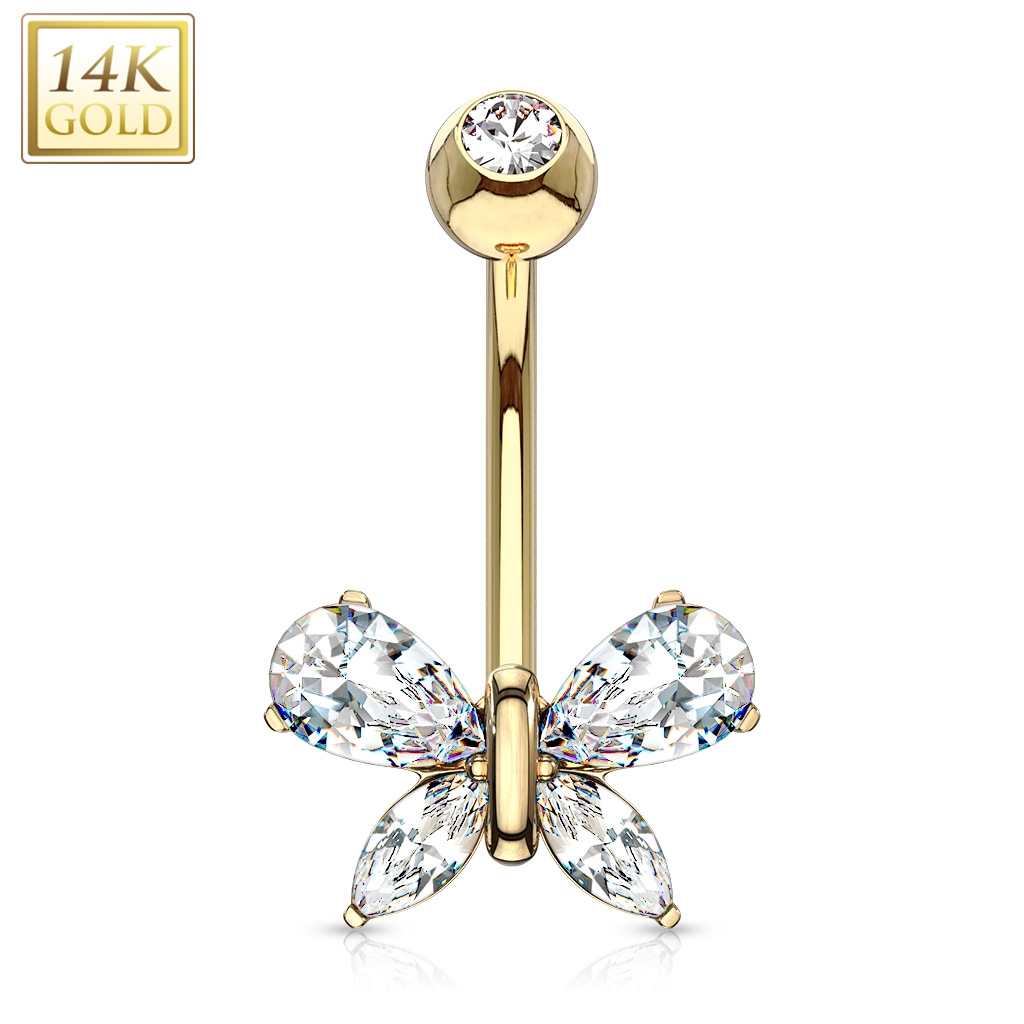 Šperky4U Zlatý piercing do pupíku - motýlek s čirými zirkony, Au 585/1000 - ZL01171C-YG