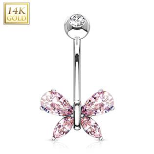 Zlatý piercing do pupíku - motýlek s růžovými zirkony, Au 585/1000