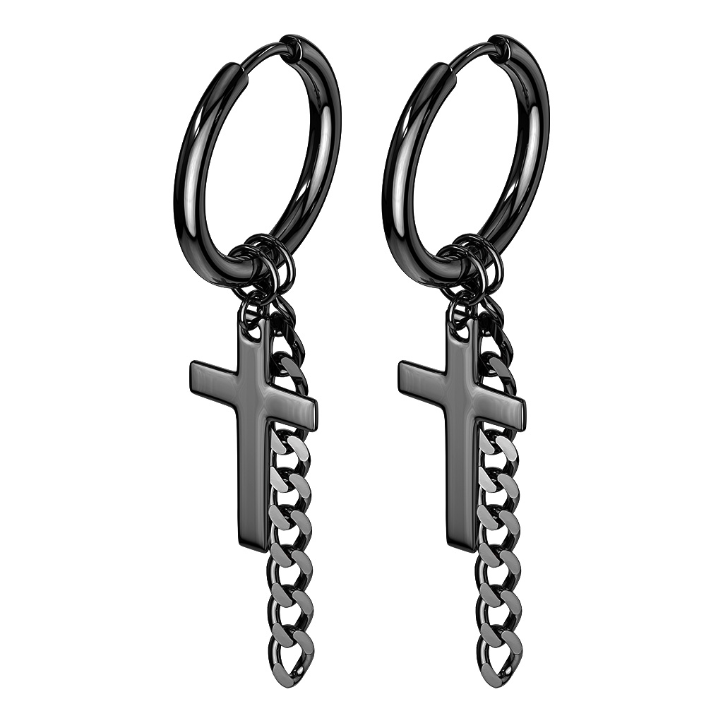 Šperky4U Černé ocelové náušnice kroužky s křížky - OPN1006-K