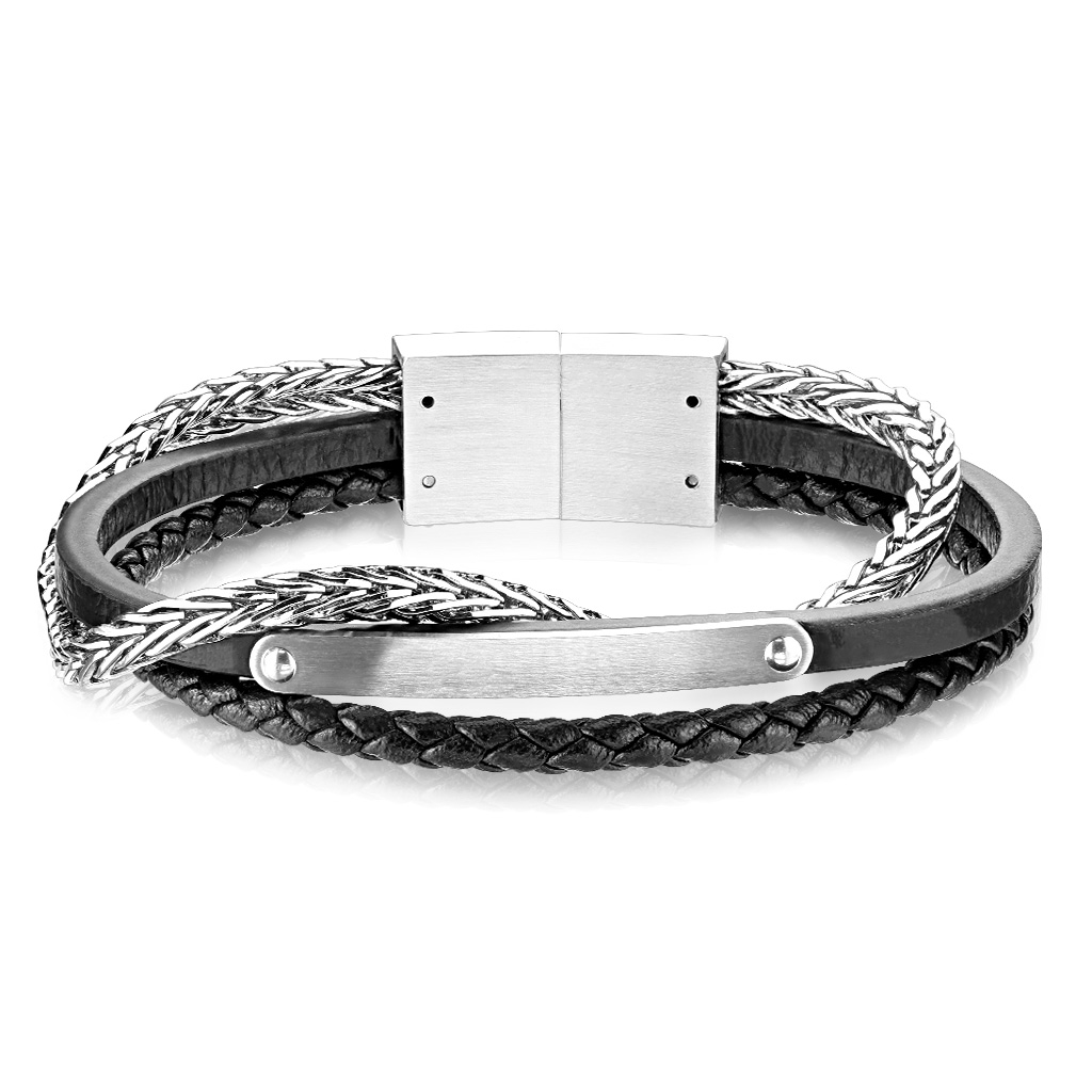 Šperky4U Kožený náramek s ocelovým řetězem a destičkou, délka 21,5 cm - NR1230-21