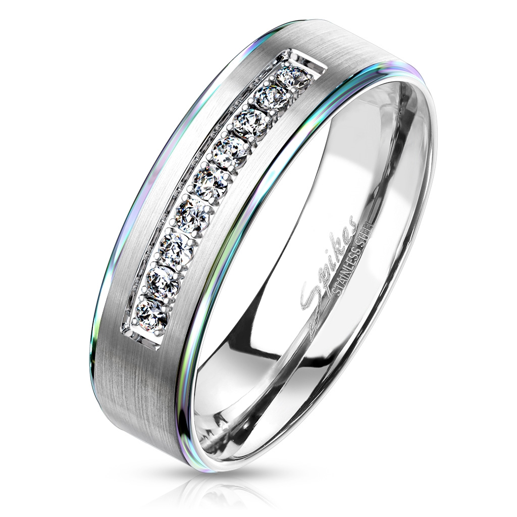 Spikes USA Ocelový prsten se zirkony, šíře 6 mm, vel. 52 - velikost 52 - OPR0111-6-52