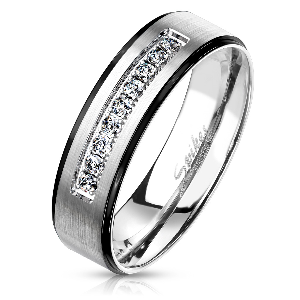 Spikes USA Ocelový prsten se zirkony, šíře 6 mm, vel. 52 - velikost 52 - OPR0110-6-52