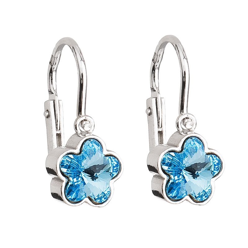 Detské strieborné náušnice - kvetinky Crystals from Swarovski ® Aquamarine