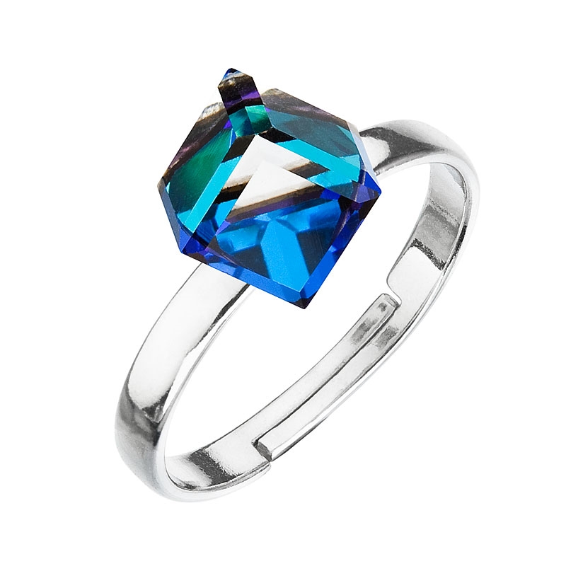 Strieborný prsteň s kockou Crystals from Swarovski ® Bermuda Blue