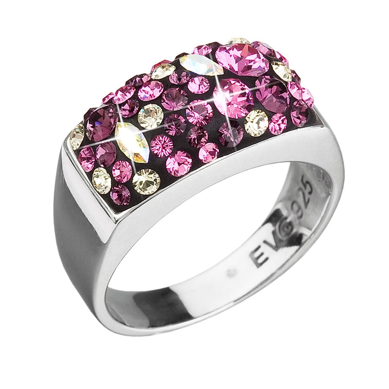 Strieborný hranatý prsteň Crystals from Swarovski ® Ametyst, veľ: 58