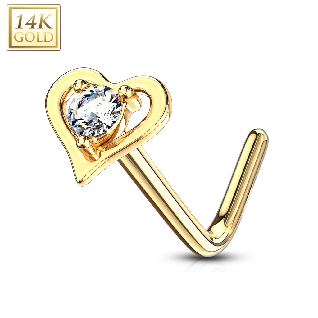 Šperky4U Zlatý piercing do nosu srdíčko - čirý zirkon, Au 585/1000 - ZL01193C-YG
