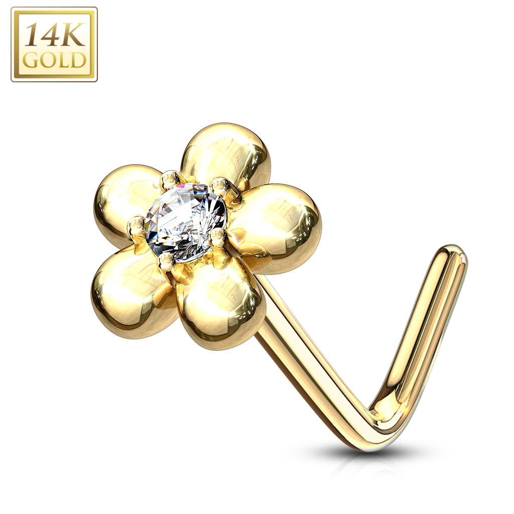 Šperky4U Zlatý piercing do nosu kytička - čirý zirkon, Au 585/1000 - ZL01195C-YG