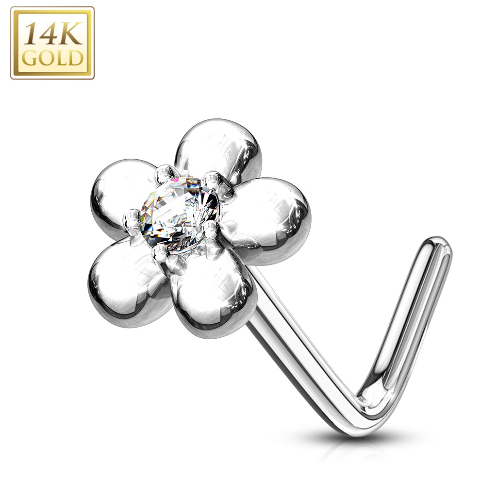 Šperky4U Zlatý piercing do nosu kytička - čirý zirkon, Au 585/1000 - ZL01195C-WG