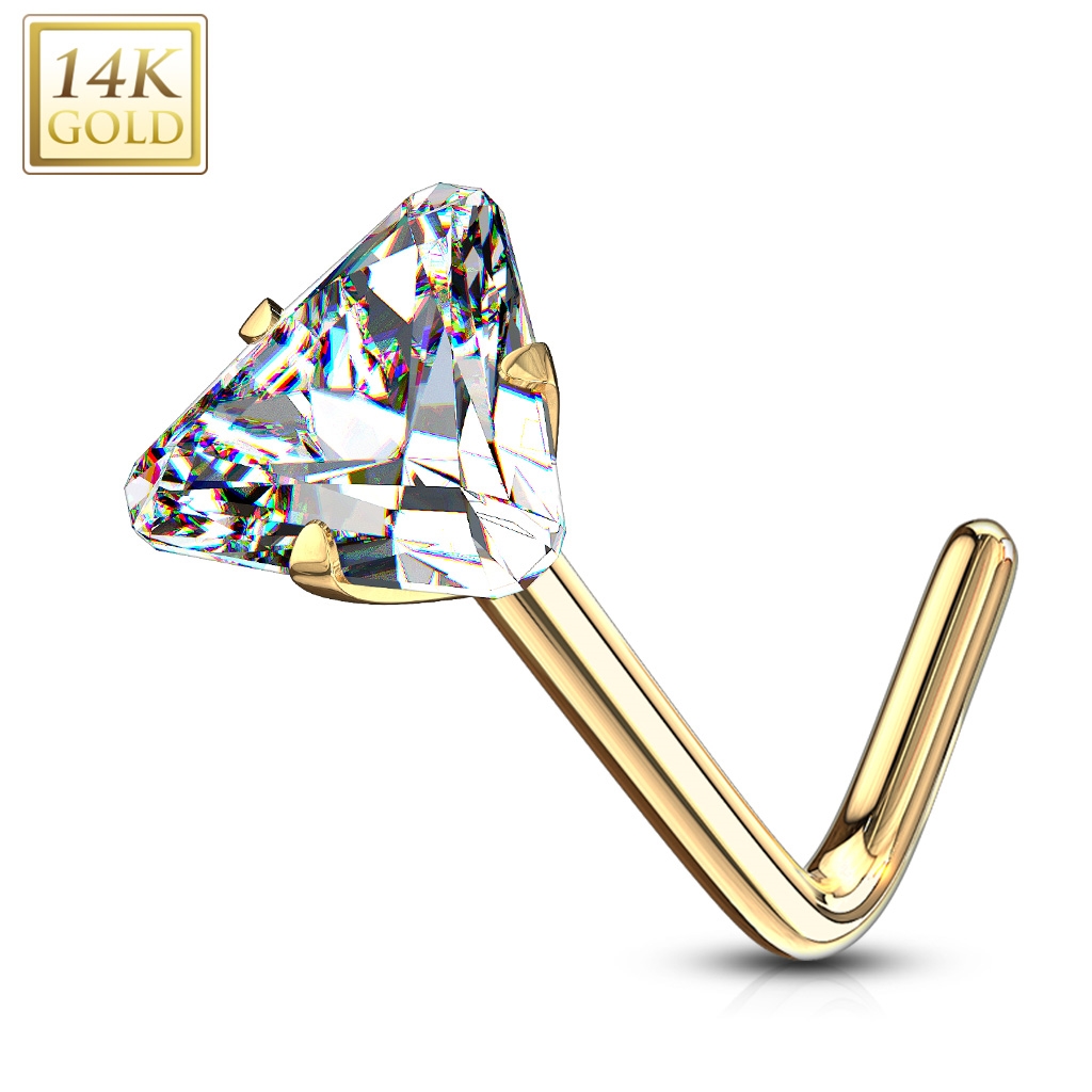 Zlatý piercing do nosa trojuholník - číry zirkón, Au 585/1000
