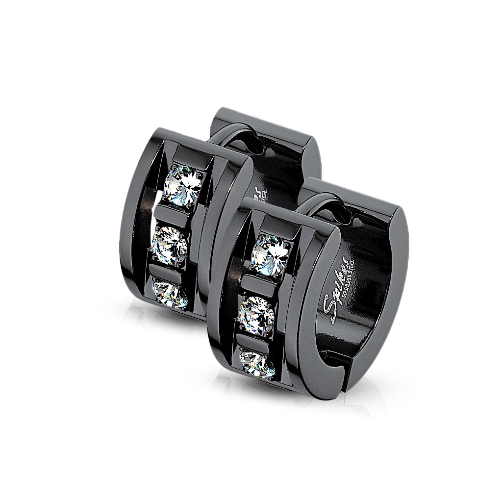 Šperky4U Černé ocelové náušnice kruhy se zirkony - OPN1051-K