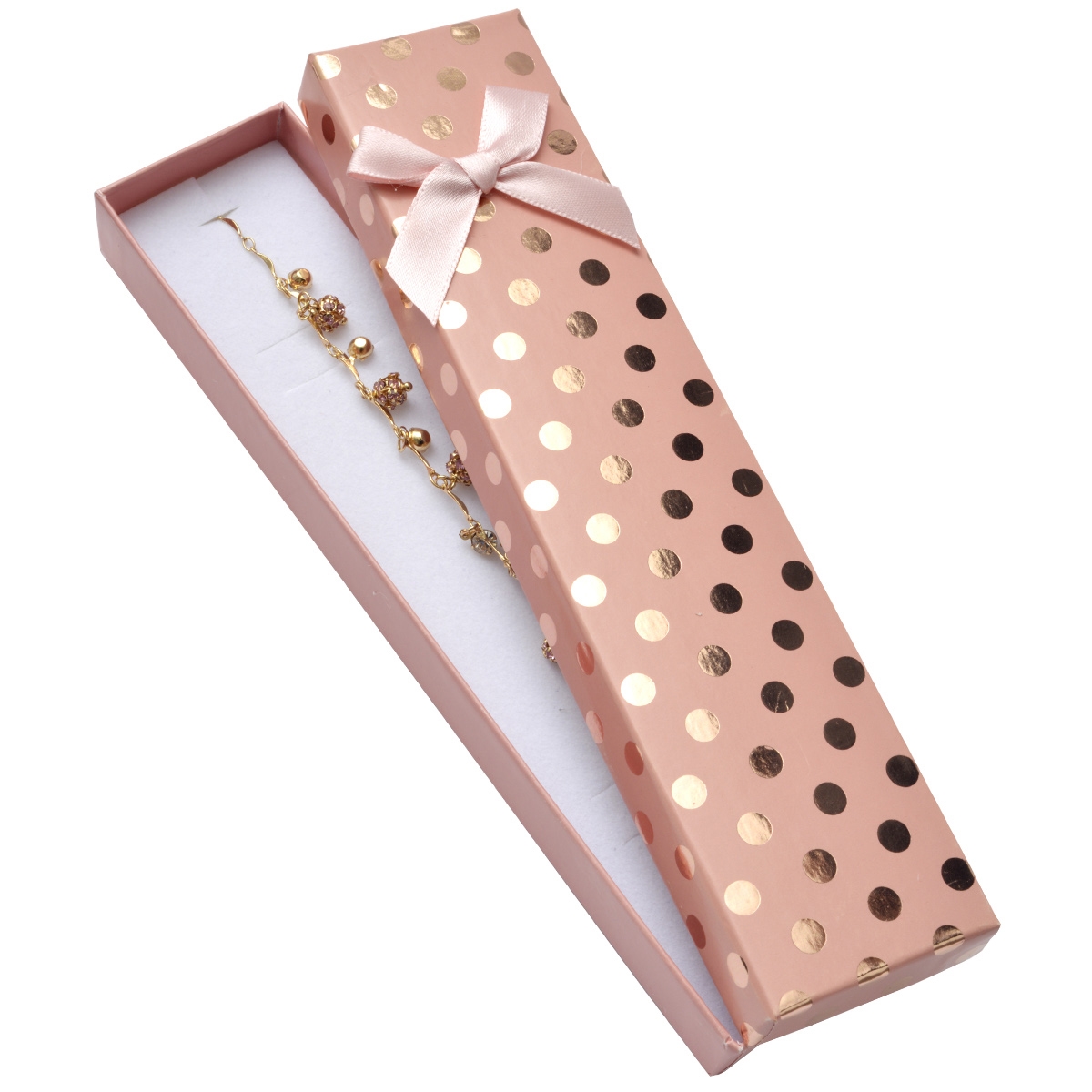 Darčeková krabička na náramok, ružová so zlatými bodkami