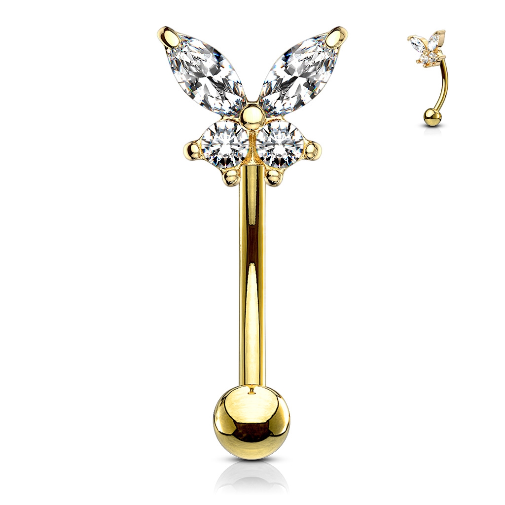 Šperky4U Zlacený piercing do obočí motýlek, čiré zirkony - OB0005-GD