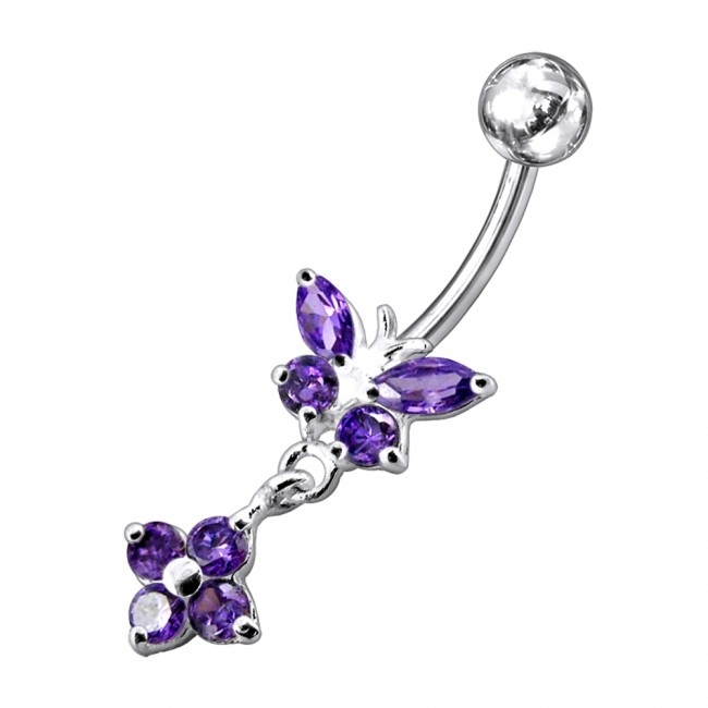 Šperky4U Stříbrný piercing do pupíku - motýlek s kytičkou - BP01287-A