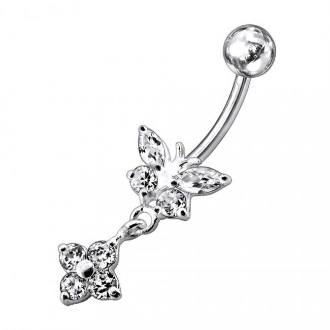 Šperky4U Stříbrný piercing do pupíku - motýlek s kytičkou - BP01287-C
