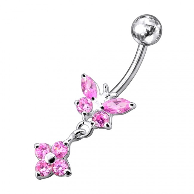 Šperky4U Stříbrný piercing do pupíku - motýlek s kytičkou - BP01287-P