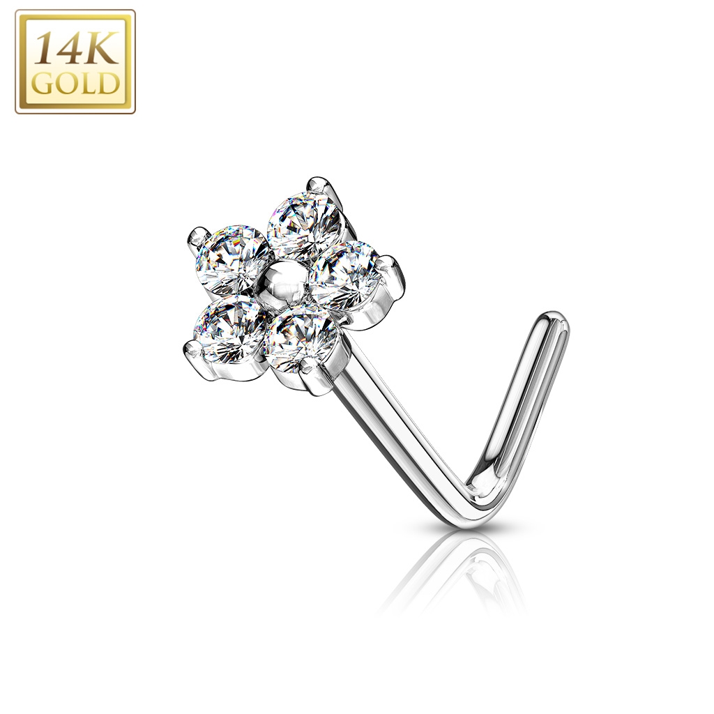 Šperky4U Zlatý piercing do nosu kytička - čiré zirkony, Au 585/1000 - ZL01200C-WG