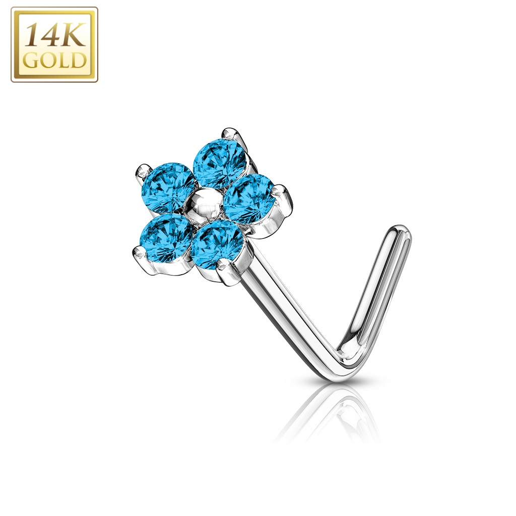 Šperky4U Zlatý piercing do nosu kytička - tyrkysové zirkony, Au 585/1000 - ZL01200Q-WG