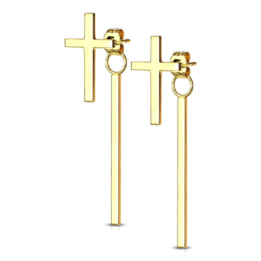 Šperky4U Zlacené ocelové náušnice křížky - OPN1017-GD