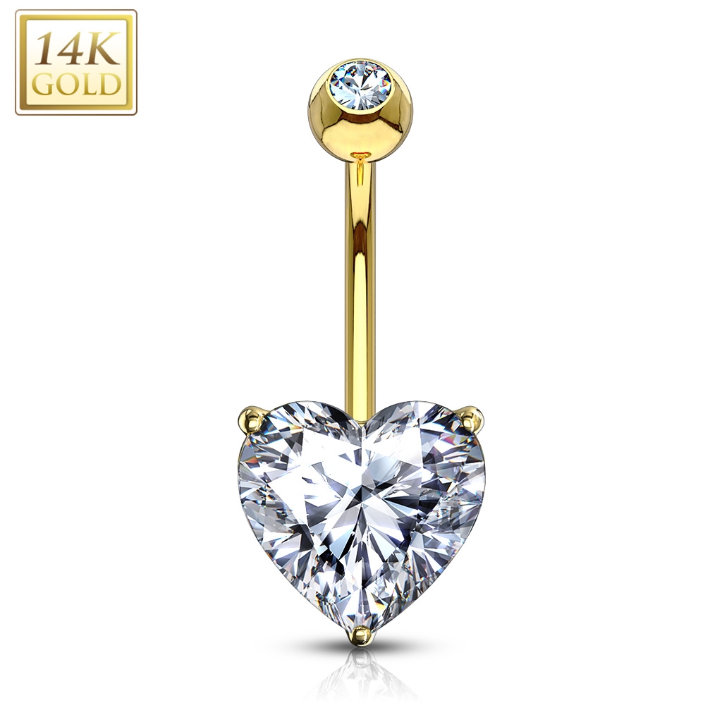 Šperky4U Zlatý piercing do pupíku - srdíčko 8 mm, čirý zirkon, Au 585/1000 - ZL01208C-YG