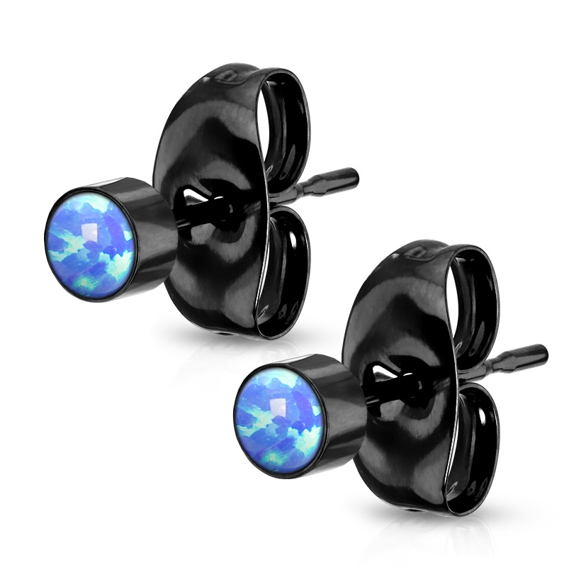 Šperky4U Černé ocelové náušnice s modrými opály 3 mm - OPN1221KB-3