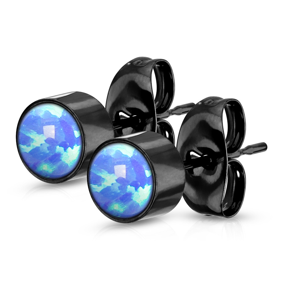Šperky4U Černé ocelové náušnice s modrými opály 5 mm - OPN1221KB-5